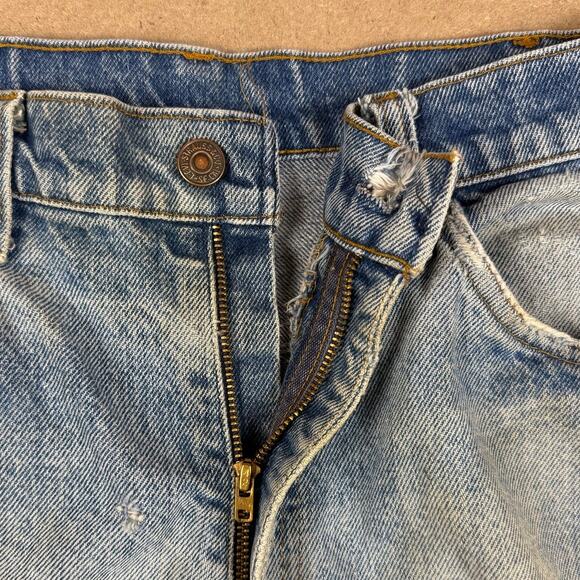 Vintage 70s Levi’s Bell Bottom Jeans Talon Orange Tab Patched Distressed 34x29 - Picture 6 of 10